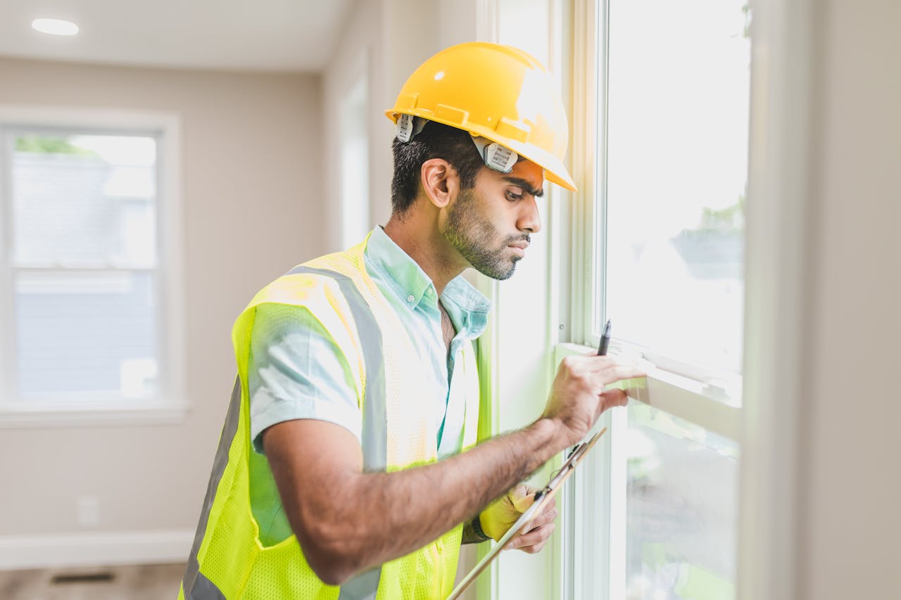 our-mission Construction worker with hard hat and vest inspecting window indoors, side view.